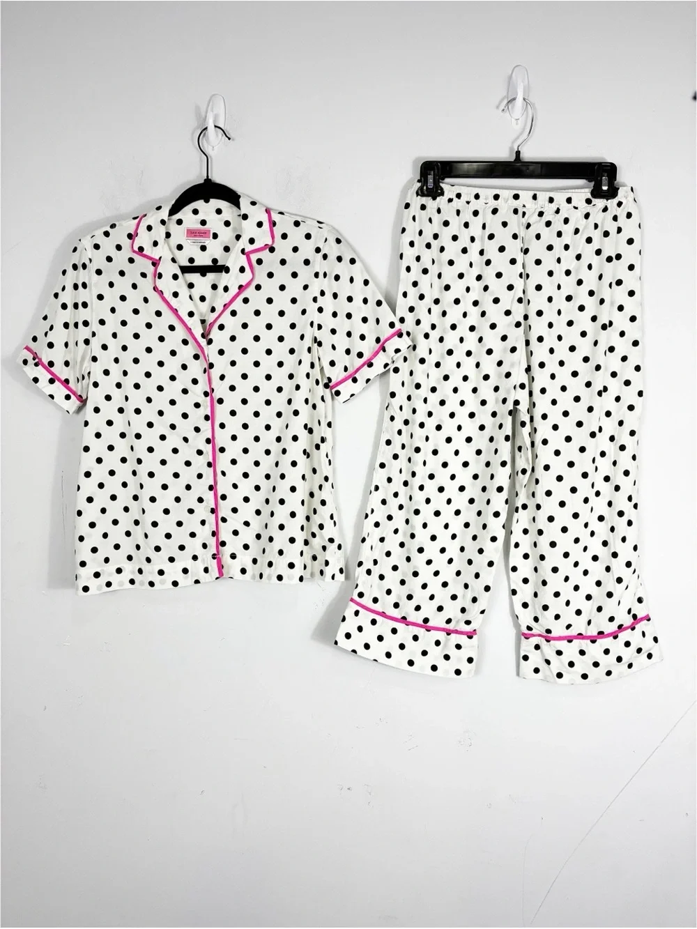 KATE SPADE Polka Dot Pajama Set White Black Pink Crop Pants Sleepwear Lounge Set